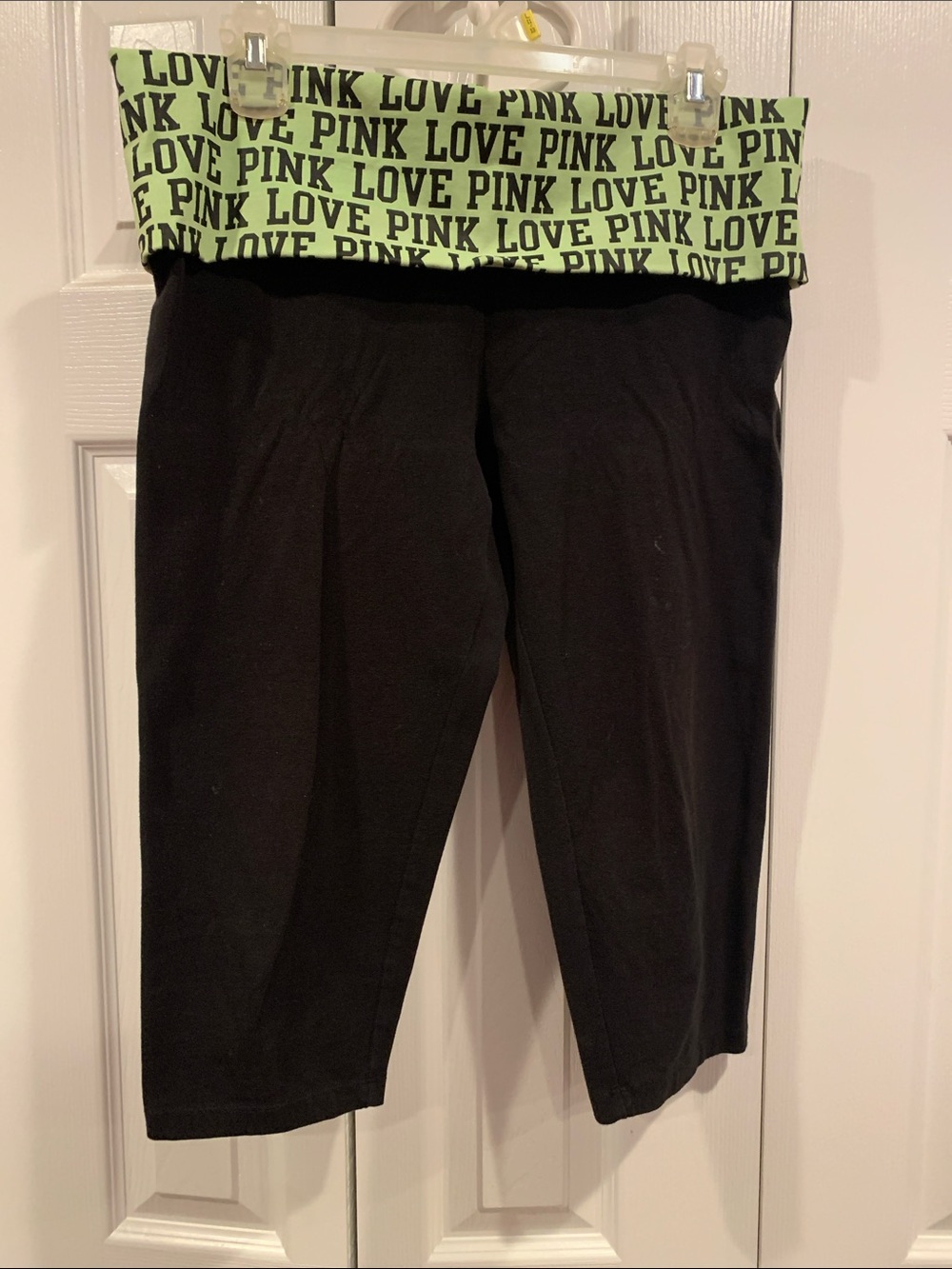 PINK Victoria's Secret Black Capris with Green 'LOVE PINK' Foldover Waistband